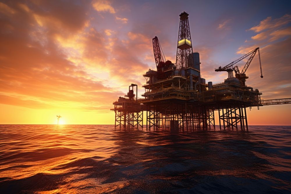 Oil rig outdoors sunset sea.