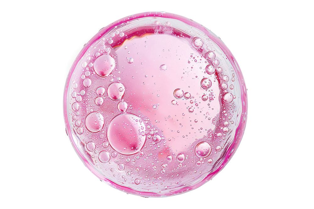 Pink oil bubble sphere petal white background.