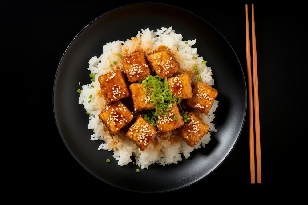 A rice and fried tofu with sesame seeds on the black plate food chopsticks meat.