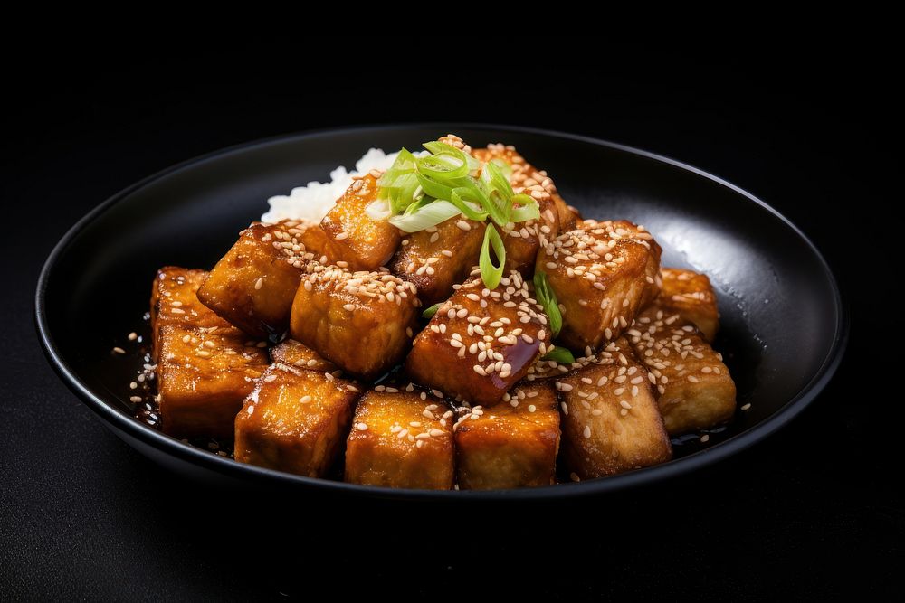 A rice and fried tofu with sesame seeds on the black plate food meat vegetable.