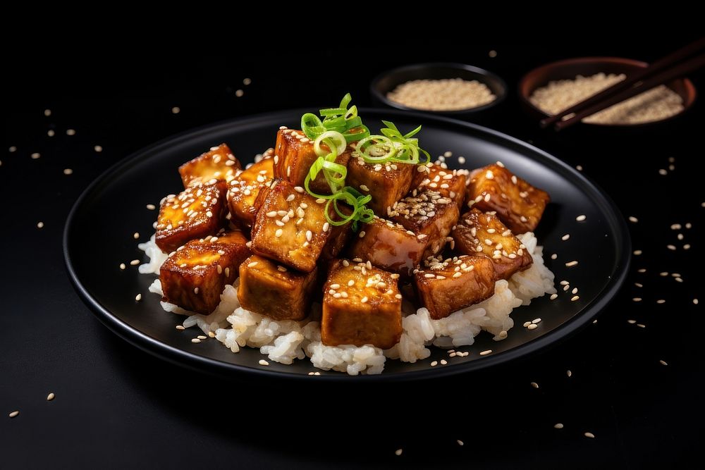 A rice and fried tofu with sesame seeds on the black plate food meat chopsticks.