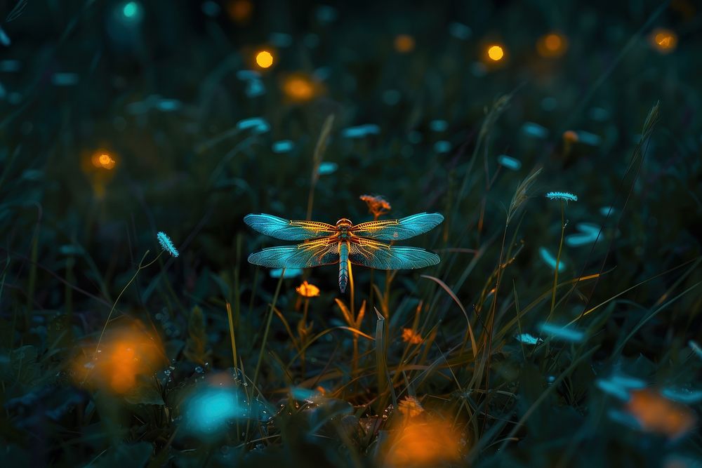 Bioluminescence dragonfly meadow background outdoors nature insect.