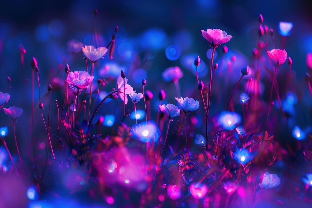 Bioluminescence flowers meadow background light backgrounds purple.