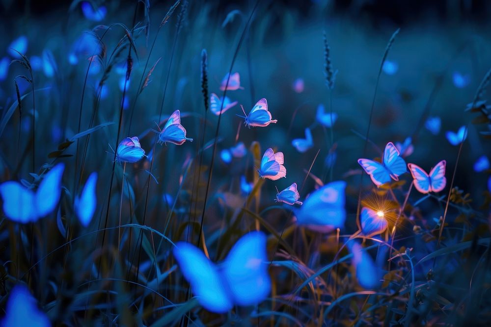 Bioluminescence moth meadow background light outdoors blue.