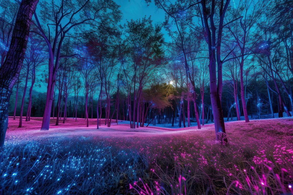 Bioluminescence trees background landscape outdoors woodland.