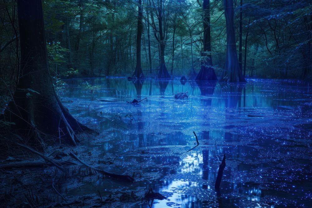 Bioluminescence swamp background outdoors woodland nature.
