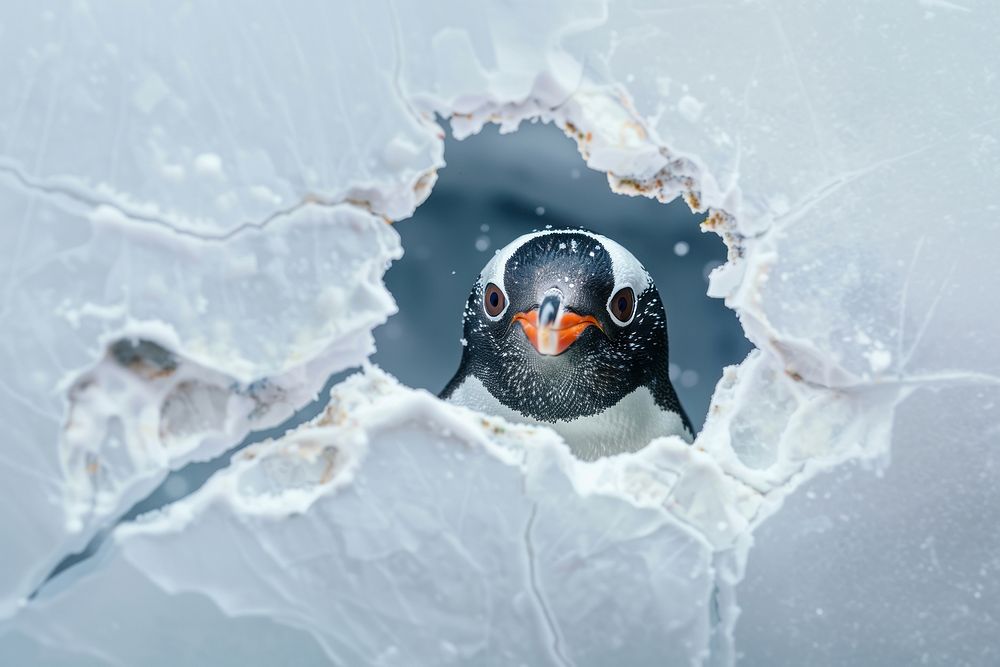 Penguin peeking out cracked animal hole.