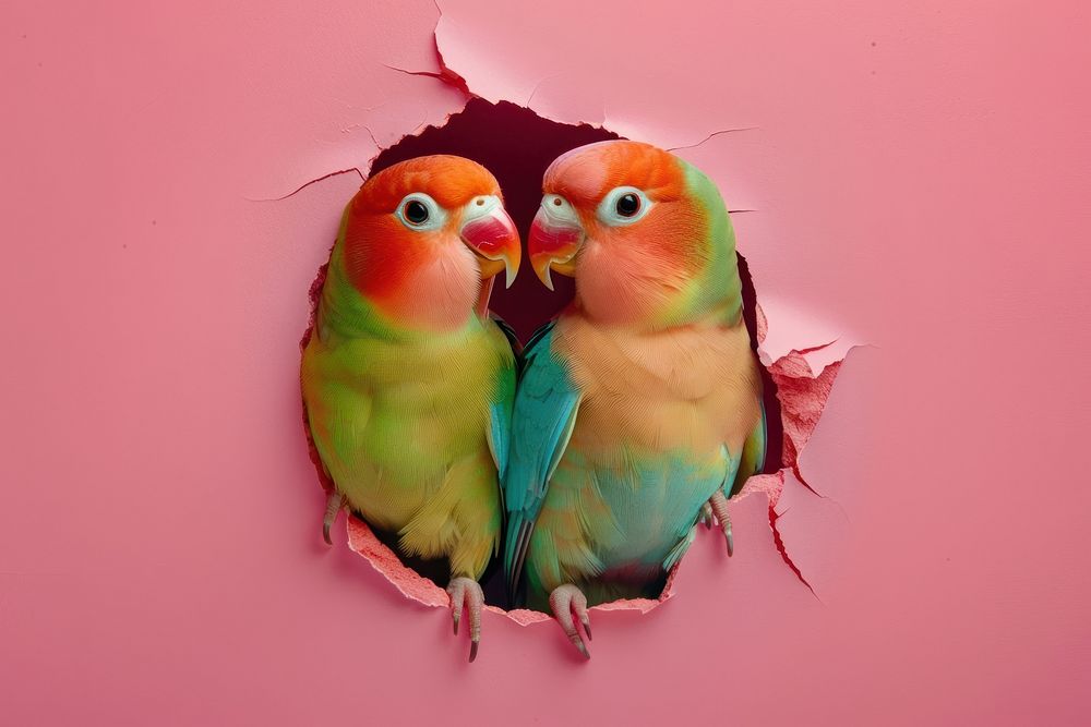 Couple lovebird peeking out animal parrot beak.