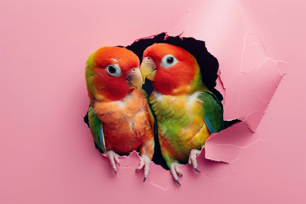 Couple lovebird peeking out animal parrot beak.
