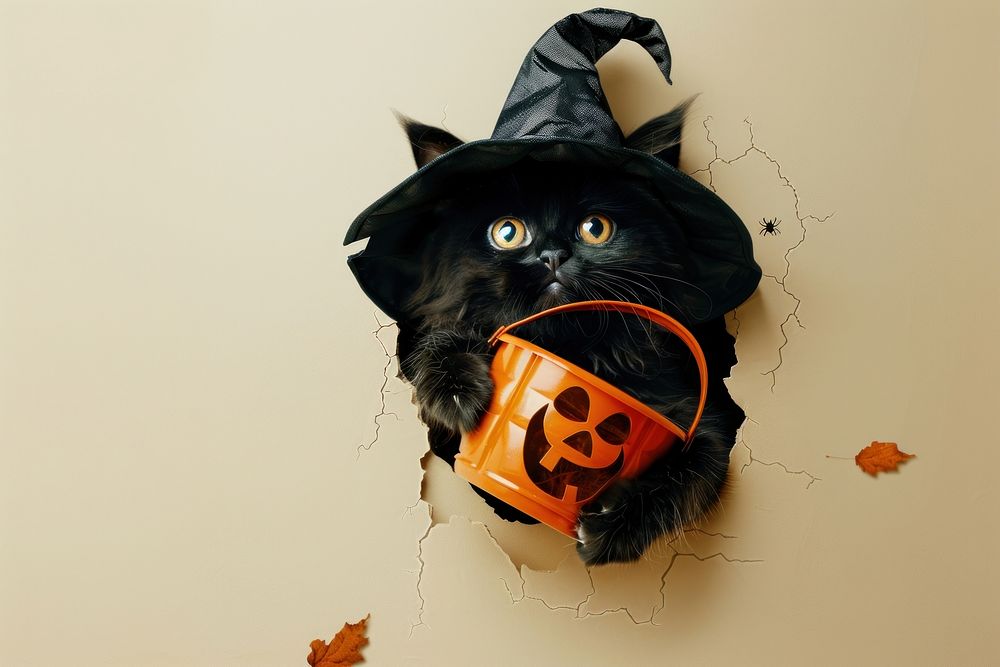 Black cat peeking out animal pumpkin mammal.
