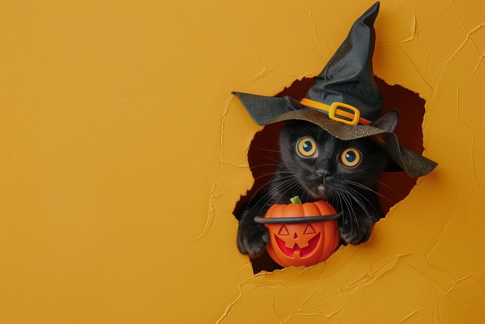 Black cat peeking out animal portrait pumpkin.