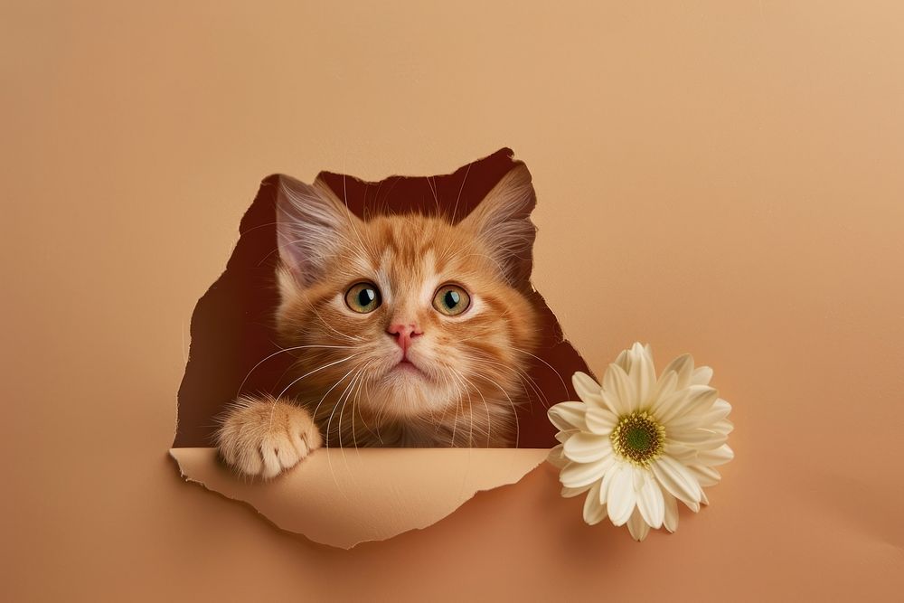Cat peeking out animal flower portrait.