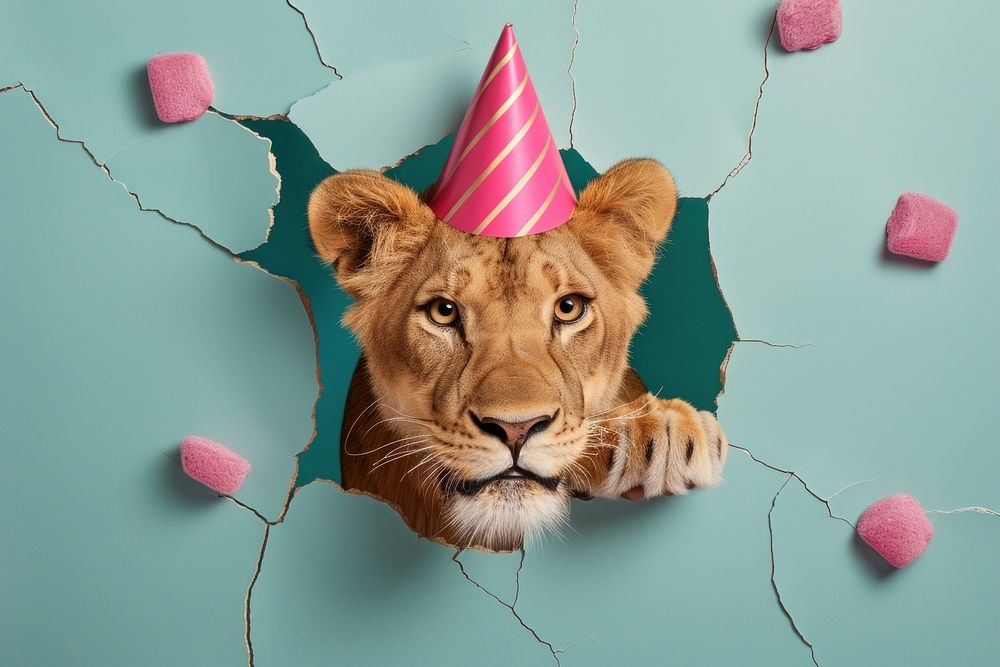 Excited lion peeking out animal birthday portrait.