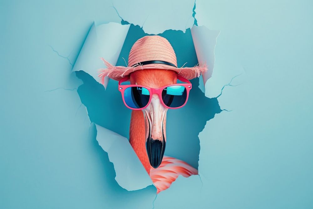Flamingo peeking out sunglasses photography portrait.