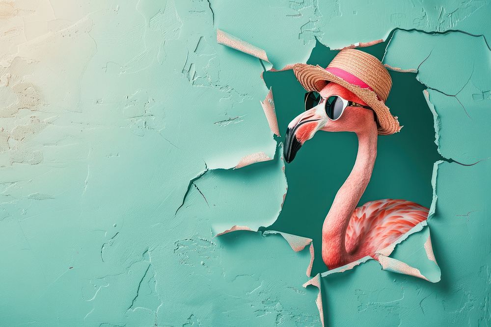 Flamingo peeking out cracked cartoon animal.