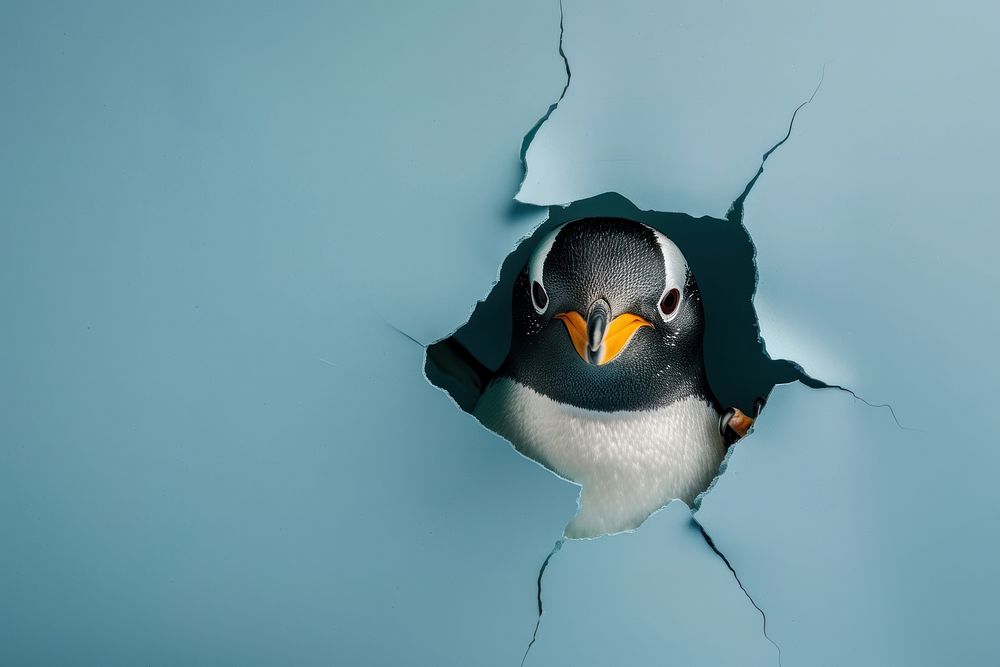 Funny penguin peeking out animal cracked puffin.
