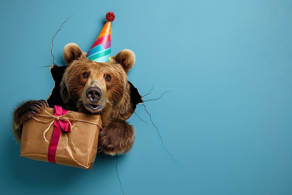 Happy bear peeking out animal birthday portrait.