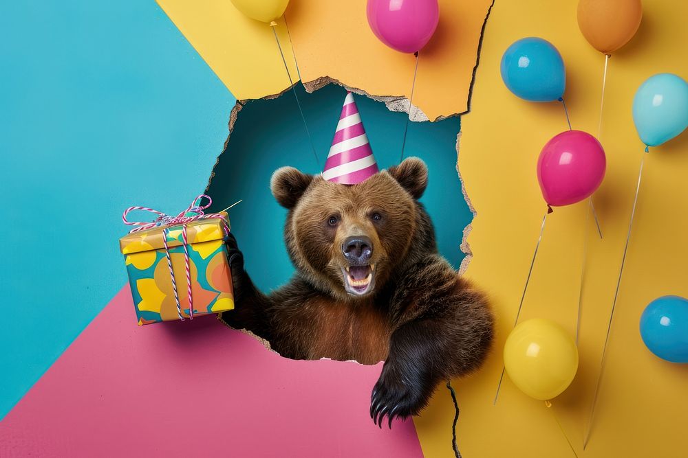 Happy bear peeking out animal birthday portrait.