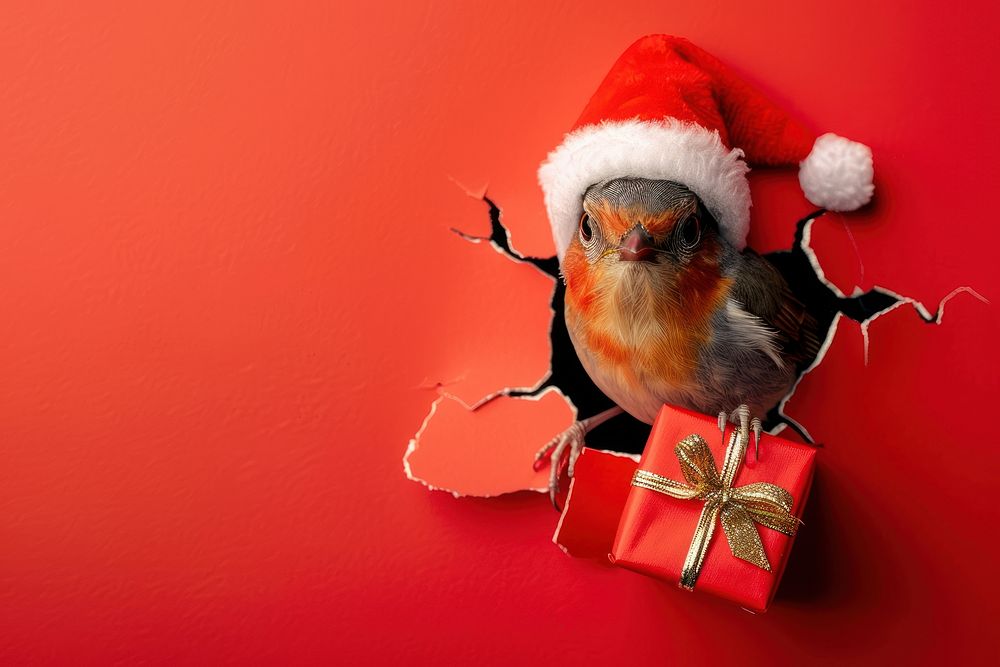 Happy bird peeking out animal christmas gift.