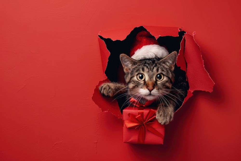 Happy cat peeking out animal christmas portrait.