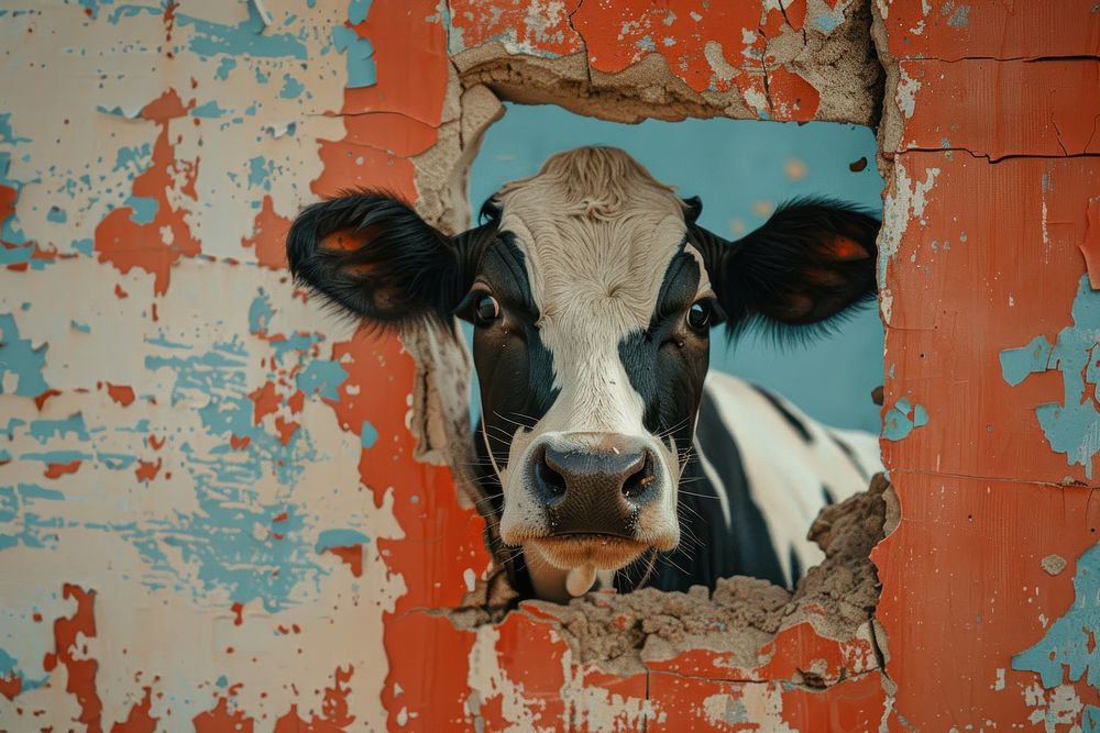 Happy cow peeking out animal livestock portrait.