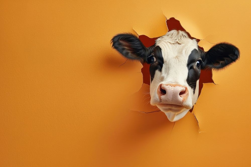 Happy cow peeking out animal livestock portrait.