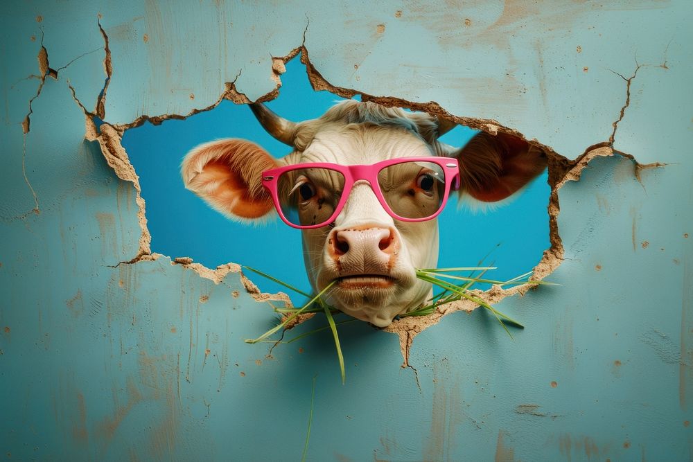 Happy cow peeking out animal portrait cracked.