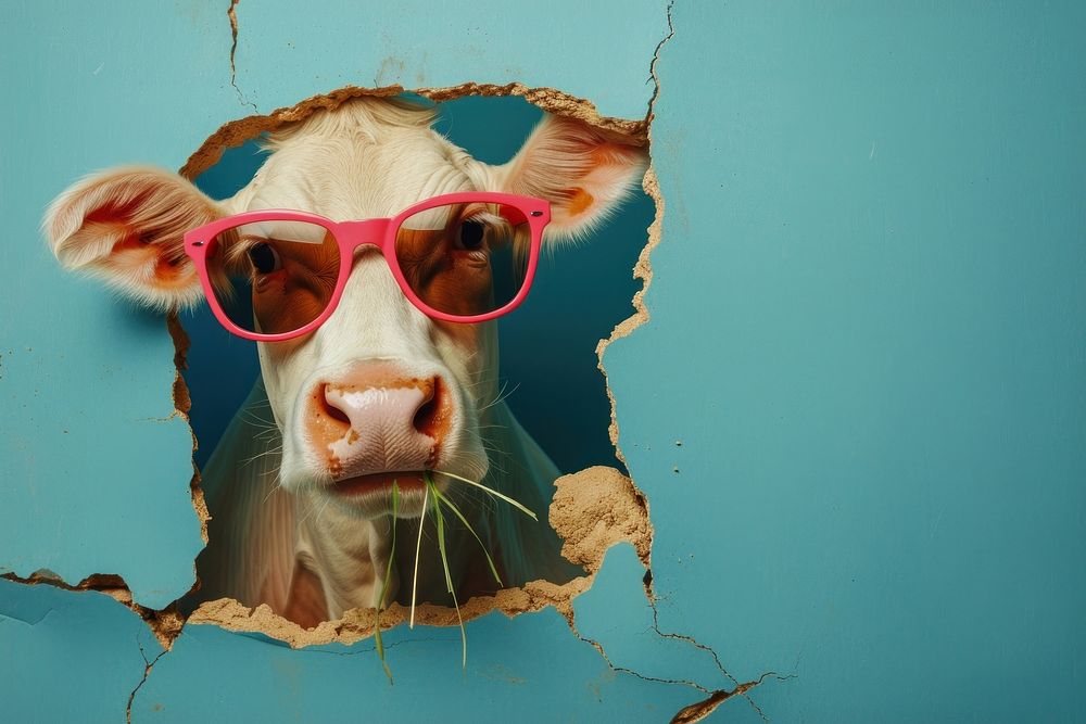 Happy cow peeking out animal sunglasses livestock.