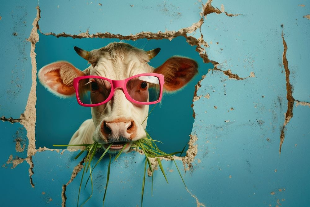 Happy cow peeking out animal photography sunglasses.