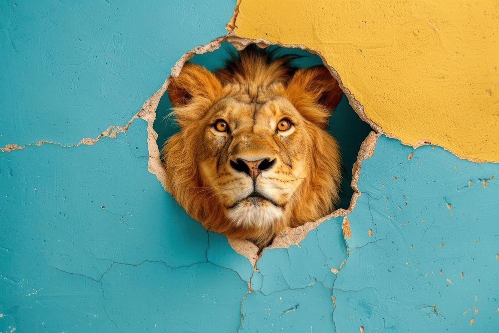 Happy lion peeking out animal wildlife portrait.