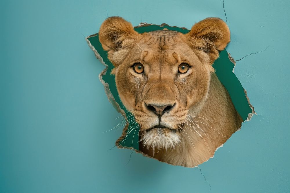 Happy lion peeking out animal wildlife portrait.