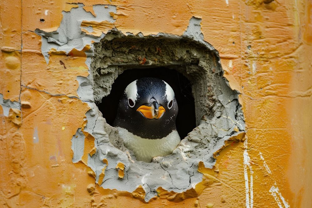 Happy penguin peeking out animal bird hole.