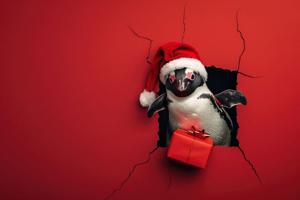Happy penguin peeking out animal christmas red.