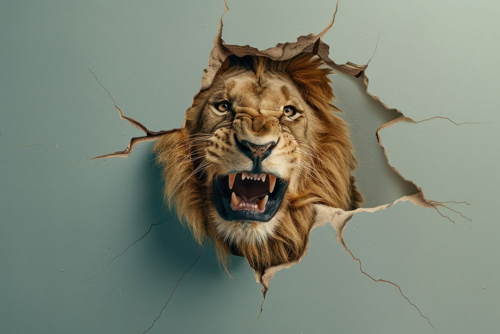 Roaring lion peeking out animal wildlife portrait.