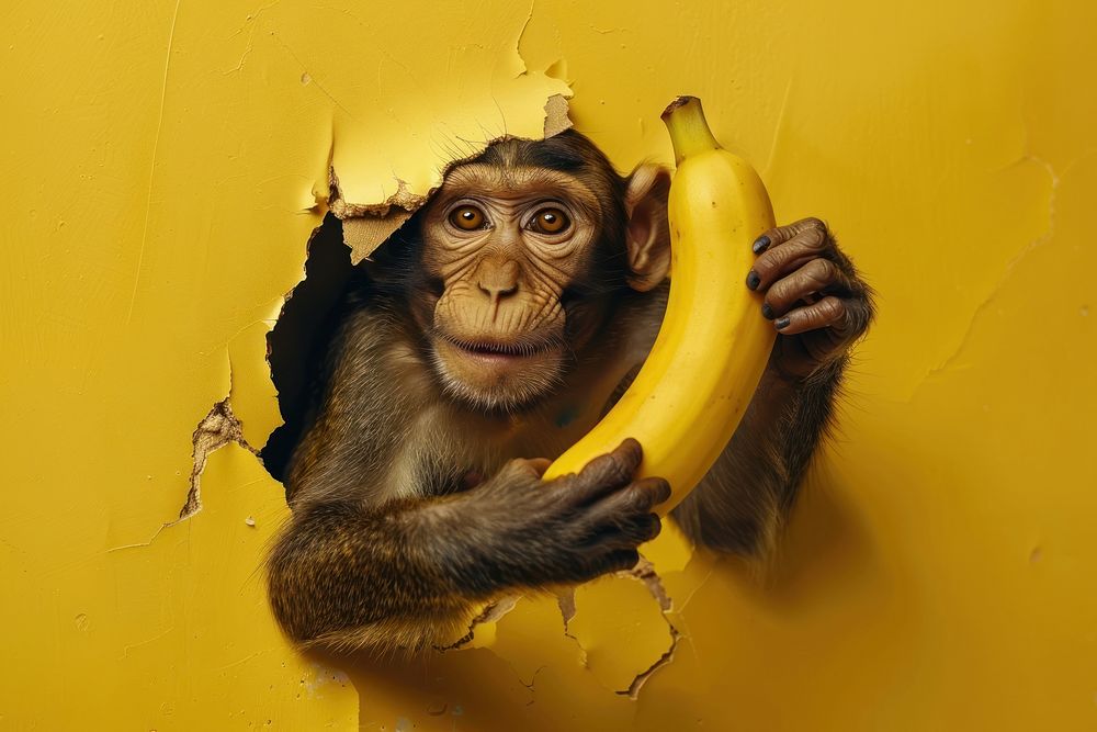 Monkey peeking out animal banana wildlife.