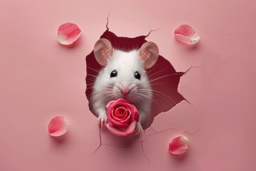 Mouse peeking out animal rose portrait.