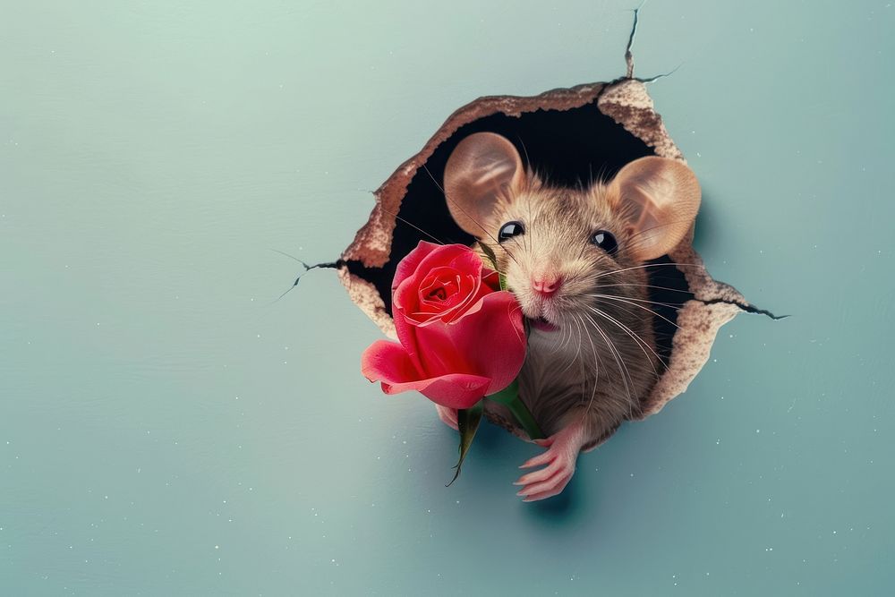 Mouse peeking out animal rose portrait.