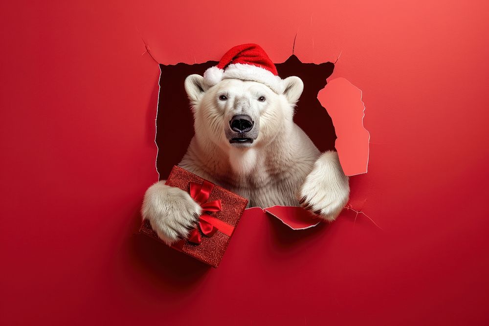 Polar bear peeking out animal christmas portrait.
