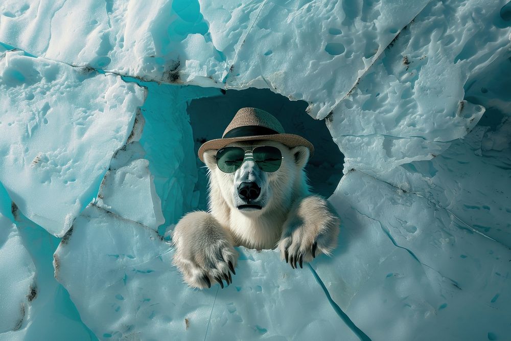 Polar bear peeking out animal ice sunglasses.