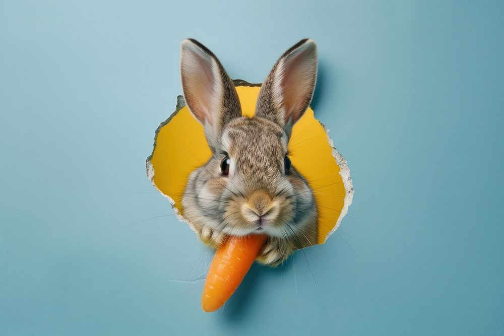 Rabbit peeking out animal carrot portrait.