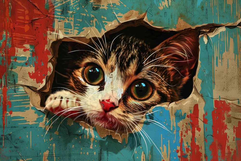 Shocked cat peeking out painting portrait animal.