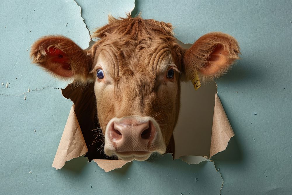 Shocked cow peeking out animal livestock portrait.