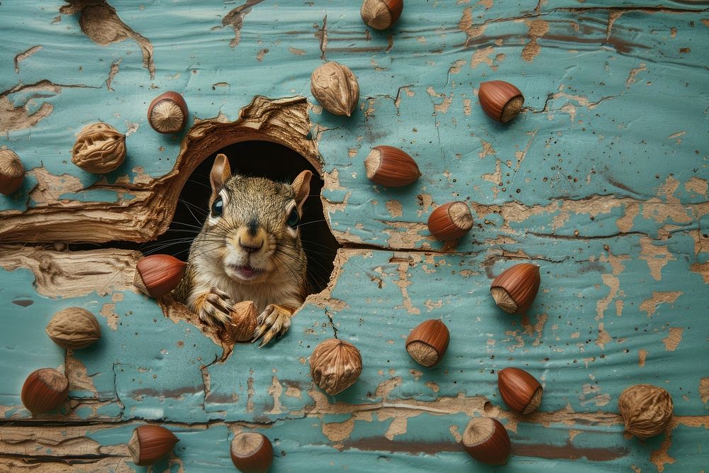 Shocked squirrel peeking out animal nut mammal.
