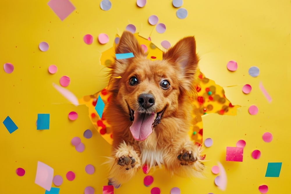Dog peeking out animal confetti portrait.