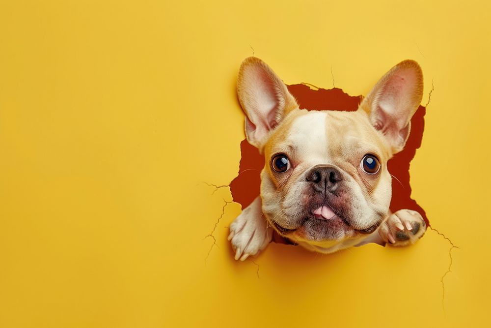 Smiling dog peeking out animal portrait bulldog.