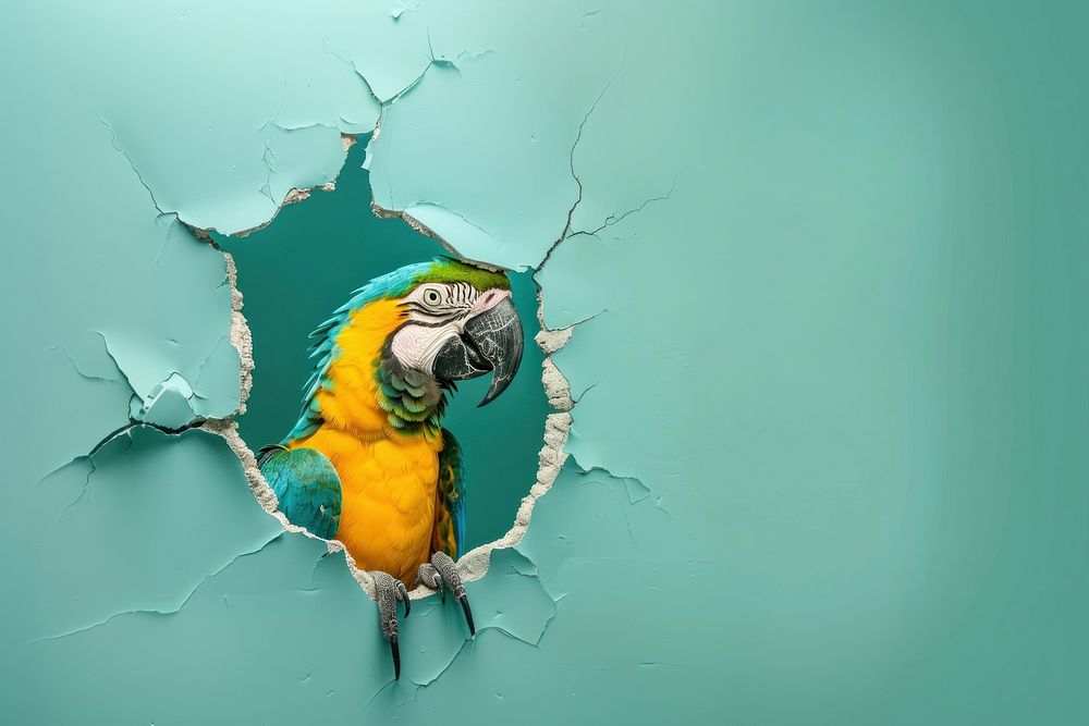 Parrot peeking out animal cracked bird.