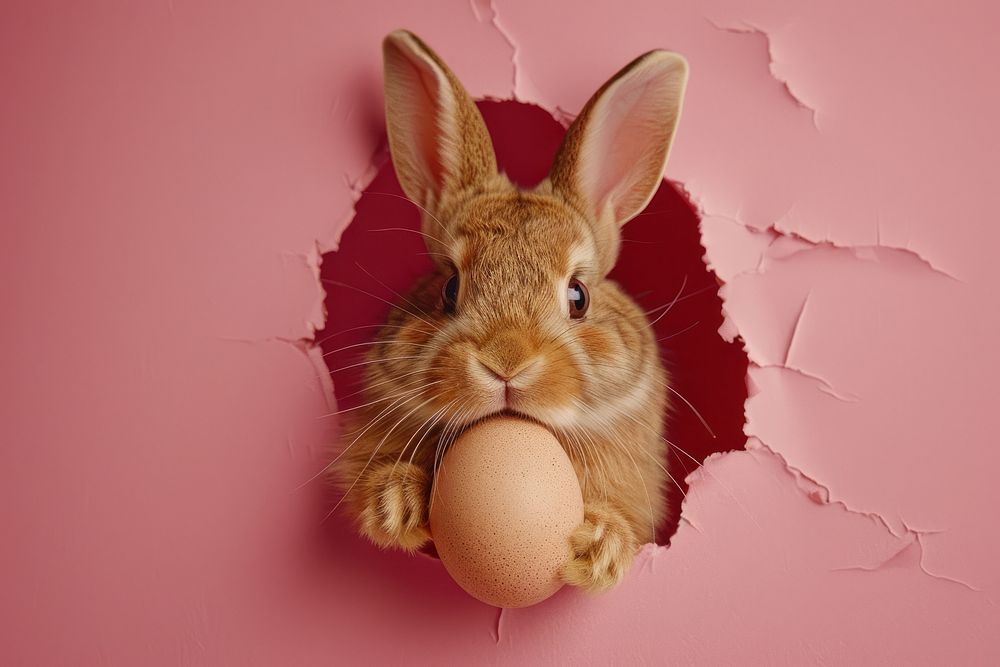 Sweet bunny peeking out animal egg portrait.