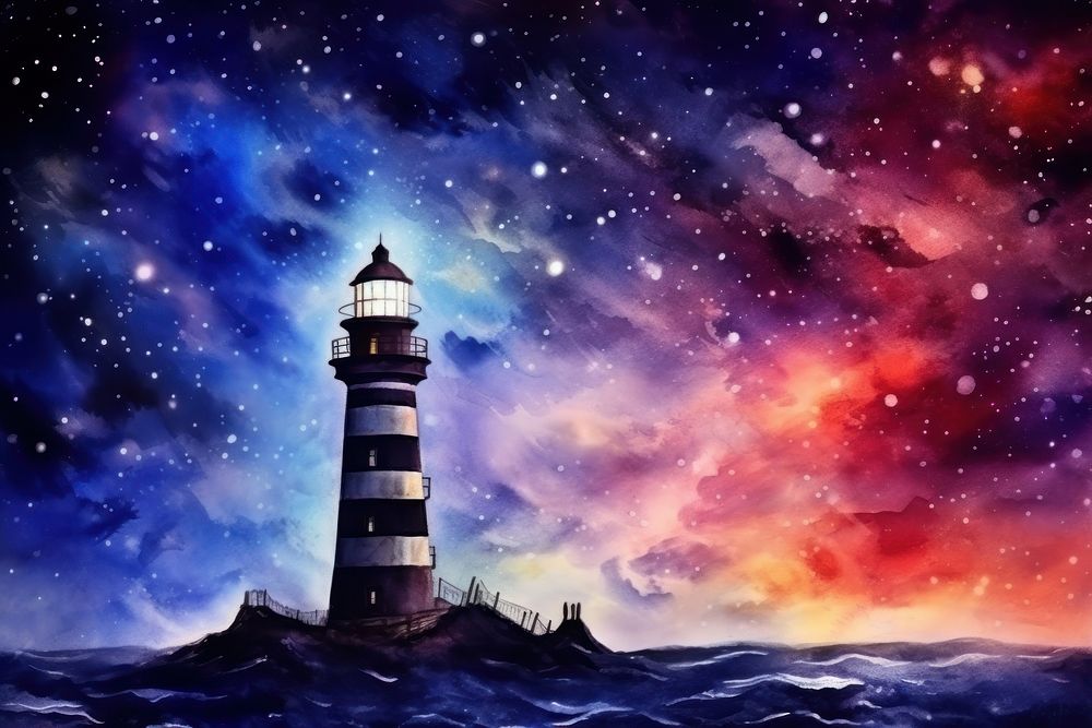 Lighthouse in Galaxy Watercolor lighthouse outdoors galaxy.