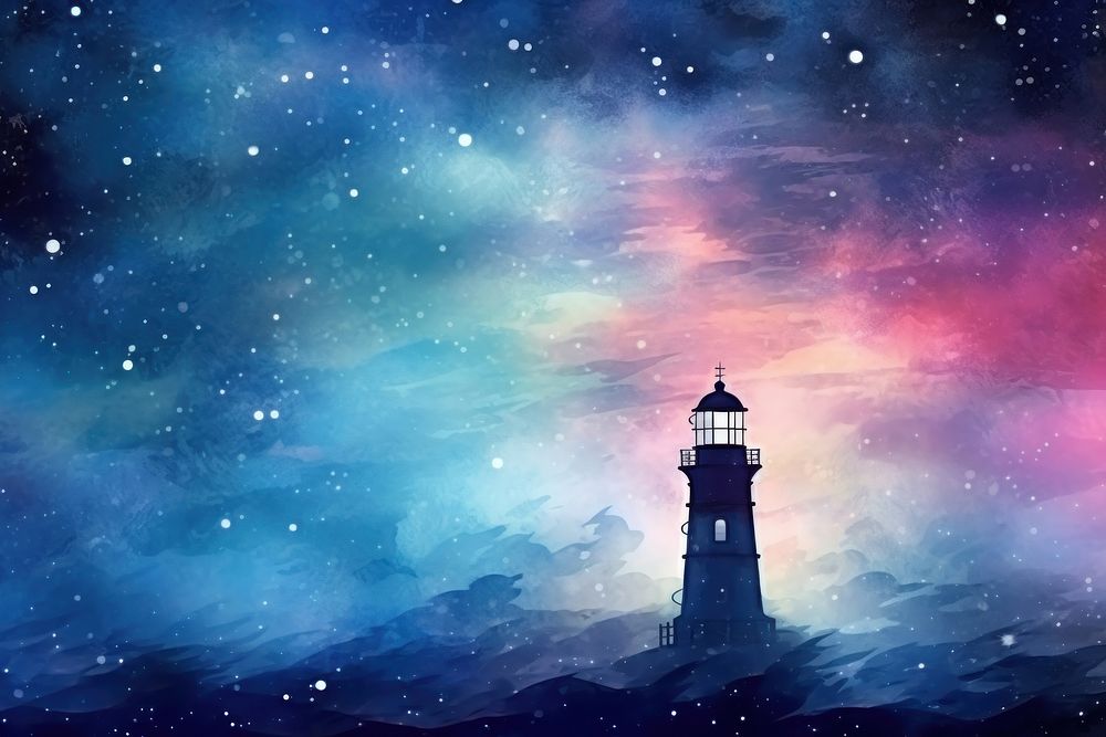 Lighthouse in Galaxy Watercolor lighthouse architecture outdoors.