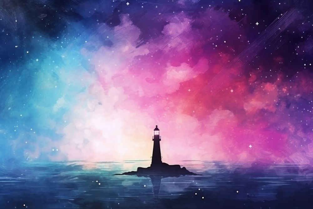 Lighthouse in Galaxy Watercolor lighthouse architecture silhouette.